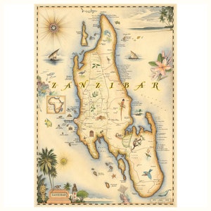 Affiche de carte dessinée à la main de Zanzibar | Authentique | de style vintage 18x24 Impression lithographique avec des encres à base de soja | Fabriqué aux États-Unis | Couleurs neutres