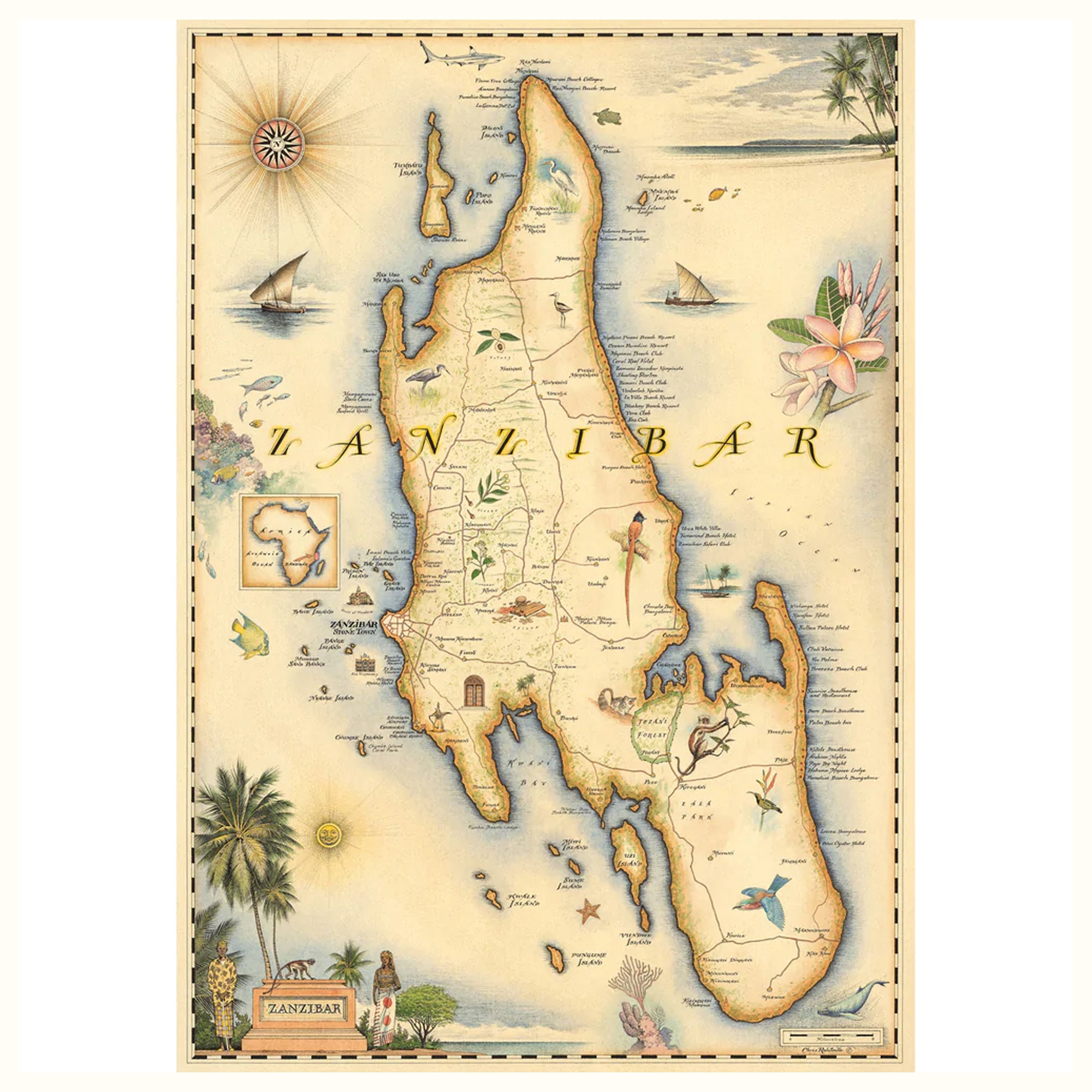 Zanzibar Hand-Drawn Map Poster | Authentic 18x24 Vintage-Style | Lithographic Print with Soy-Based Inks | Made in USA |Neutral Colors
