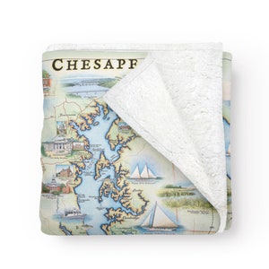 Couverture en polaire carte de la baie de Chesapeake, jetée douce, confortable et chaude - Cadeau idéal - 58 x 50 po. - multicolore, neutre, bleu, vert, beige