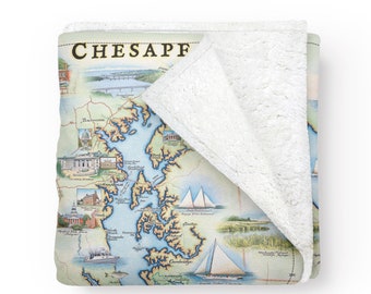 Chesapeake Bay Map Fleece Blanket-Soft, Cozy, and Warm Throw Blanket - Great Gift - 58"x 50"- Multicolor, Neutral, Blue, Green, Beige