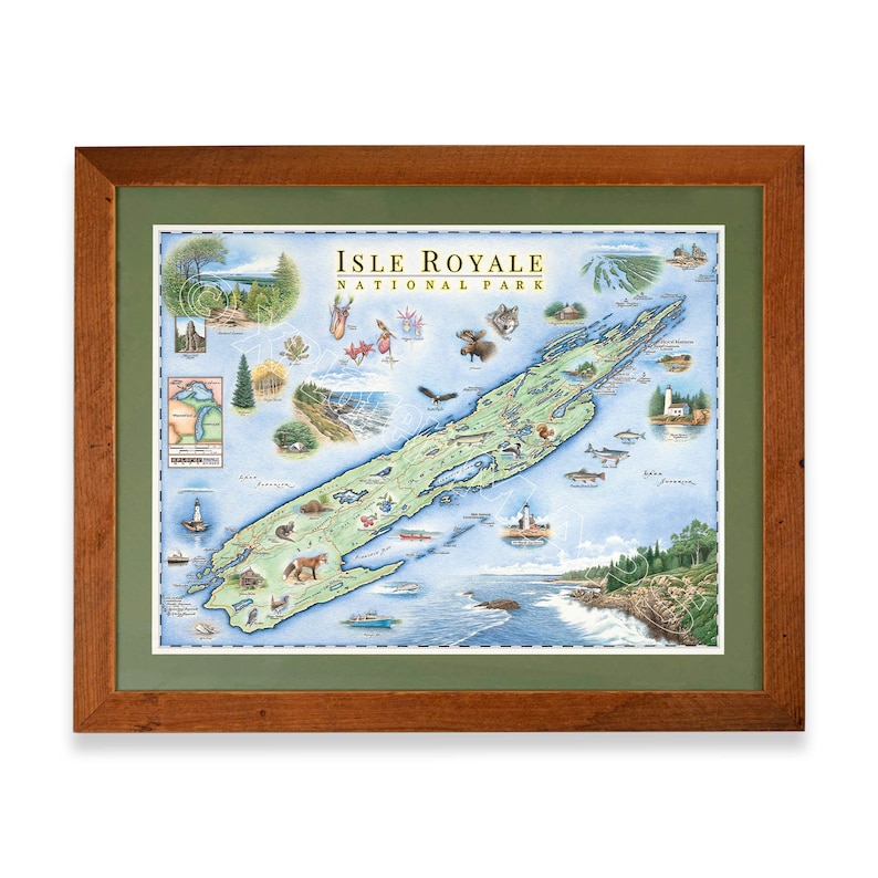 Isle Royale National Park Hand-Drawn Map Poster Authentic 24x18 Vintage-Style Lithographic Print Made in USA Neutral Colors image 3