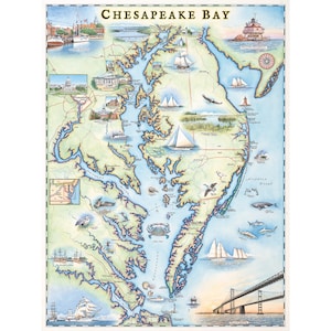 Affiche de carte dessinée à la main de la baie de Chesapeake | Authentique 18x24 - Style vintage | Impression lithographique avec des encres à base de soja | Fabriqué aux États-Unis