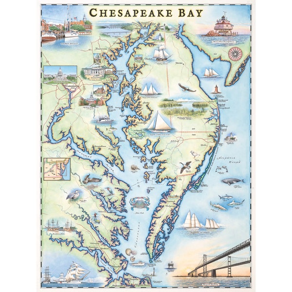 Chesapeake Bay Hand-Drawn Map Poster | Authentic 18x24 -Vintage-Style | Lithographic Print with Soy-Based Inks | Made in USA