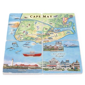 Posavasos de piedra natural con diseño de mapa de Cape May (juego de 4), fabricados en EE. UU.