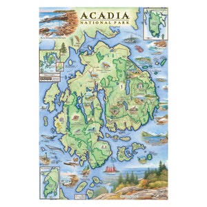 Affiche de carte dessinée à la main du parc national Acadia - Art mural authentique de style vintage 18x24 - Impression lithographique avec des encres à base de soja - Fabriqué aux États-Unis