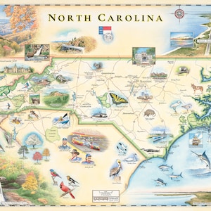 carte dessinée à la main de l'état de la Caroline du Nord | Authentique 24 x 18 pouces de style vintage|Impression lithographique avec des encres à base de soja|Made in USA|Couleurs neutres
