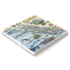 May include: Square ceramic tile featuring a detailed map of Alaska's Inside Passage. The map includes illustrations of wildlife, boats, and landmarks, with the text "ALASKA'S INSIDE PASSAGE" at the top. The tile has a white border and a slightly aged appearance.