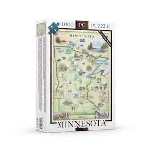 May include: A 1000-piece jigsaw puzzle featuring a detailed map of Minnesota, with illustrations of landmarks and wildlife. The puzzle box includes a 20" x 15" poster. The box is white with the word "Minnesota" in brown.