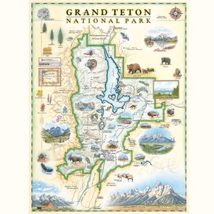 Carte dessinée à la main du parc national de Grand Teton - Art mural authentique de style vintage 18 x 24 - Impression lithographique avec des encres à base de soja - Fabriqué aux États-Unis