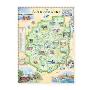 Carte dessinée à la main des Adirondacks, New York Poster | Authentique 18 x 24 pouces style vintage | Impression lithographique avec des encres à base de soja | Fabriqué aux États-Unis