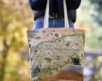 Smoky Mountains National Park Map Tote Bag | Hand-Illustrated, 100% Cotton Canvas Reusable Tote