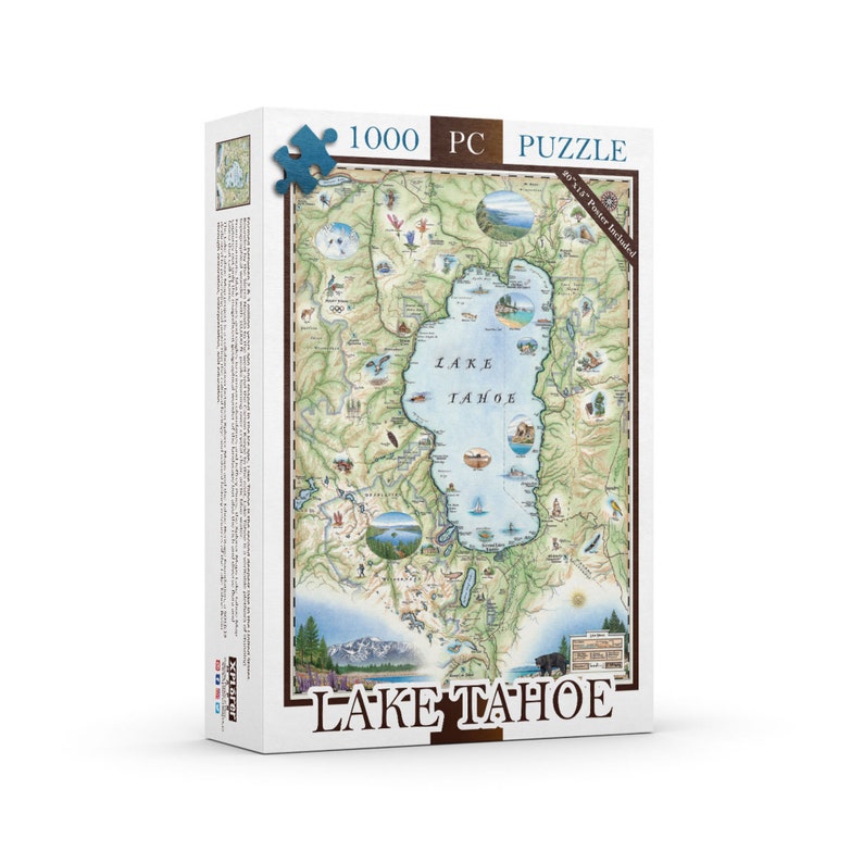 Lake Tahoe Map Jigsaw Puzzle by Xplorer Maps features hand illustrated such as Emerald Bay, Cove Rock, Thunderbird Lodge, and Cal Neva Lodge & Resort.
