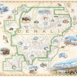 Affiche de carte dessinée à la main du parc national de Denali - Art mural authentique de style vintage 24x18 - Impression lithographique avec des encres à base de soja - Made in USA