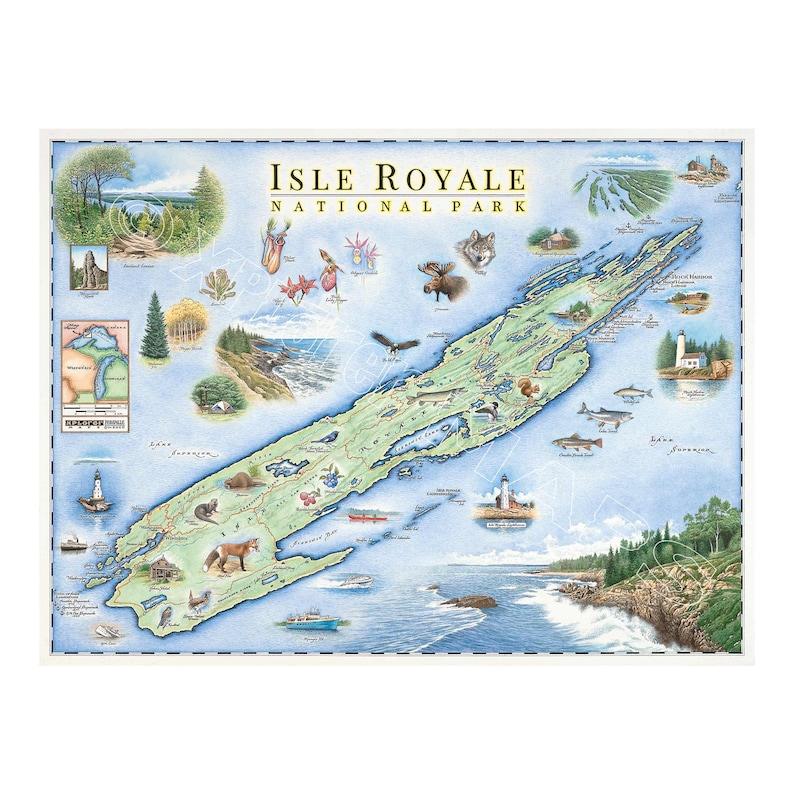 Isle Royale National Park Hand-Drawn Map Poster Authentic 24x18 Vintage-Style Lithographic Print Made in USA Neutral Colors image 1
