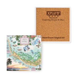 Florida&#39;s Sanibel-Captiva Map Ceramic Coaster with Cork Base  -  set of 4