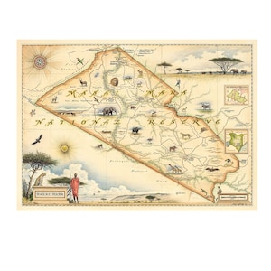 Carte dessinée à la main de la réserve nationale du Masai Mara|Authentique 24 x 18-style vintage|Impression lithographique avec des encres à base de soja|Made in USA|Couleurs neutres
