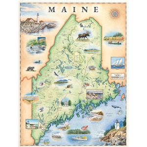 carte dessinée à la main de l'état du Maine | Impression lithographique authentique de style vintage 18 x 24 avec des encres à base de soja | Fabriqué aux États-Unis | Couleurs neutres