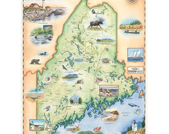 Maine State Hand-Drawn Map Poster | Authentic 18x24 Vintage-Style Lithographic Print with Soy-Based Inks|Made in USA |Neutral Colors