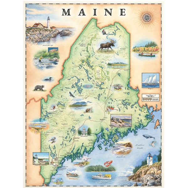 Maine State Handgezeichnete Karte Poster | Authentischer 18x24 Vintage-Stil Lithographic Print mit Tinten auf Sojabasis| Made in USA | Neutrale Farben