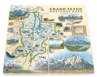 Grand Teton National Park Map Natural Stone Coasters - Set of 4, Made in USA