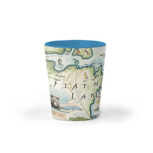 Montana's Flathead Lake Map Keramik-Schnapsglas, BPA-frei - Für Büro, Zuhause, Geschenk, Party - Langlebig und fasst 1,5 oz - Blau