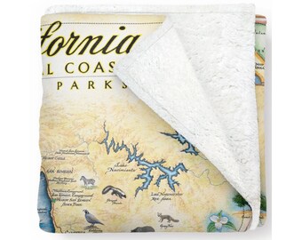 California Central Coast State Parks Map Fleece Blanket- Soft, Cozy, and Warm Throw - 58x50 - Multicolor, Neutral, Blue, Green, Brown, Beige