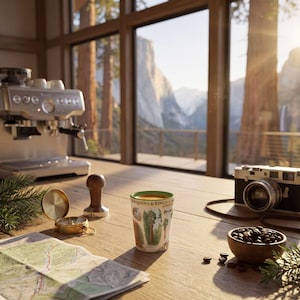 May include: A ceramic mug featuring a Sequoia & Kings Canyon National Park graphic, placed on a wooden surface alongside a silver espresso machine, a vintage camera, a brass compass, a wooden tamper, a map, and a small bowl of coffee beans.