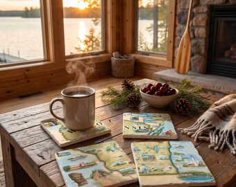 Wisconsin Map Natural Stone Coasters - Set of 4, Made in USA