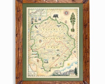 Yosemite National Park Map Print, Yosemite Wall Art, Hand Drawn National Park Map