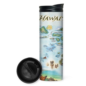 Vaso de café de acero inoxidable de doble pared con tapa resistente a derrames y mapa de Hawái