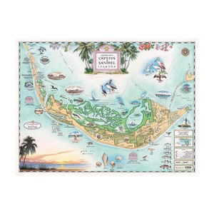 Affiche de carte dessinée à la main des îles Sanibel-Captiva en Floride - Art mural authentique de style vintage 24x18 - Impression lithographique - Encres à base de soja - Fabriqué aux États-Unis