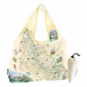 Sac fourre-tout du parc national Banff - Sac à provisions pliable réutilisable avec carte dessinée à la main