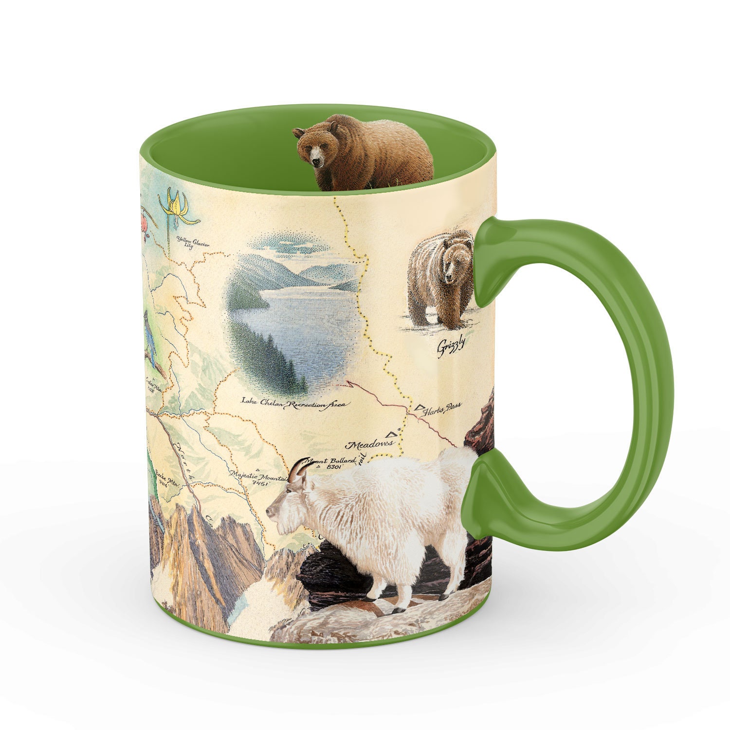 Grande tasse Parc national des North Cascades de 16 oz - Parfaite pour le café, le thé, le cacao - Vert