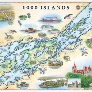 carte dessinée à la main des 1000 îles | Authentique style vintage 24 x 18 | Impression lithographique avec des encres à base de soja | Fabriqué aux États-Unis | Couleurs neutres
