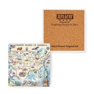 United States of America Map Ceramic Coasters with Cork Base  -  Set of 4