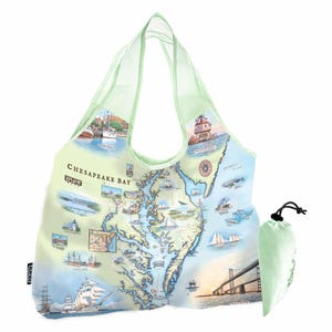 Chesapeake Bay Map Nylon Pouch Tote Bag  - Reusable, Eco-friendly  Shopping Bag, Washable