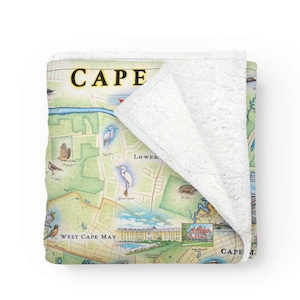 New Jersey Cape May Map Fleece-Decke - Weicher, gemütlicher und warmer Überwurf - 58 "x 50" - Mehrfarben, Neutral, Blau, Grün, Beige