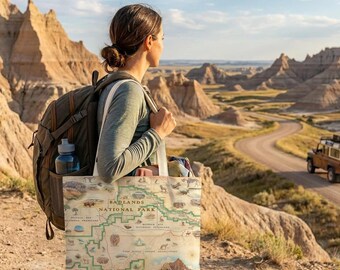 Badlands National Park Map Canvas Tote Bag | Reusable Travel Tote