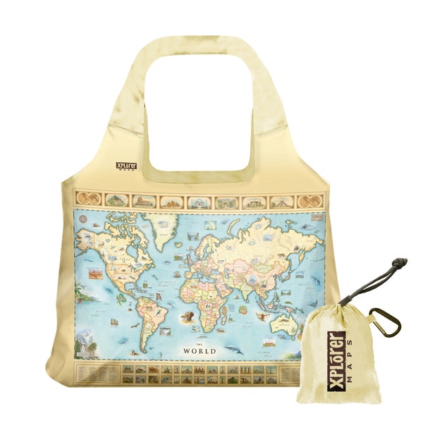 World Map Nylon Pouch Tote Bag  with Handles - Reusable, Eco-friendly  Shopping Bag, Washable, 18"x25"