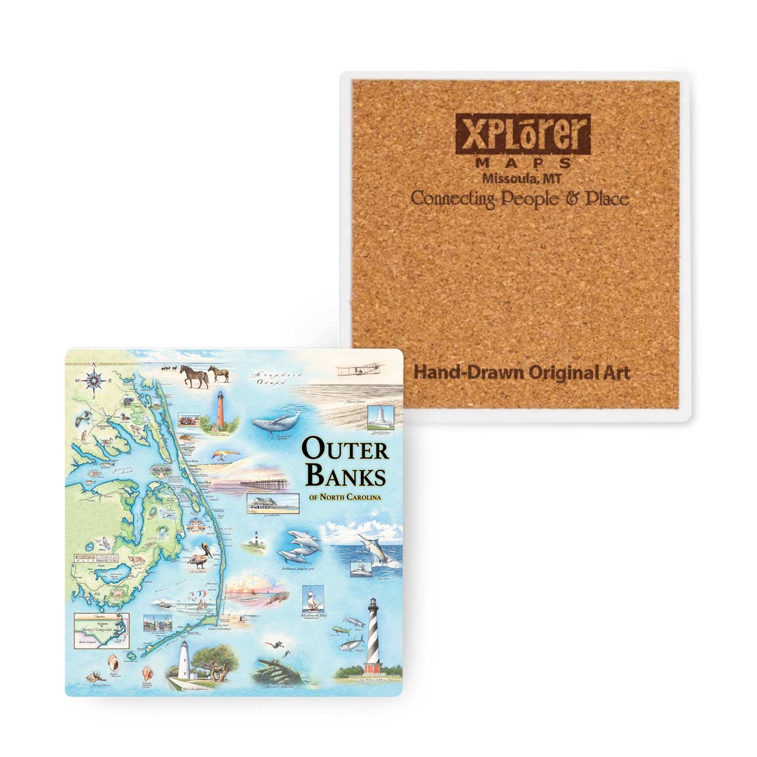 Outer Banks, North Carolina Map Ceramic Drink Coasters - Set of 4, Cork ...