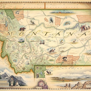 carte dessinée à la main de l'état du Montana affiche de Zazzle.be Liste d'envies Vous avez des idées ? Authentique style vintage 24 x 18 | Impression lithographique avec des encres à base de soja | Fabriqué aux États-Unis | Couleurs neutres
