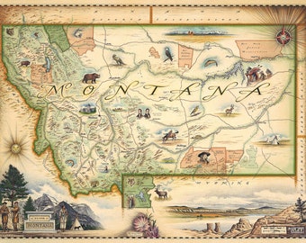 Montana State Hand-Drawn Map Poster | Authentic 24x18-Vintage-Style | Lithographic Print with Soy-Based Inks | Made in USA | Neutral Colors