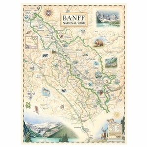 Affiche de carte dessinée à la main du parc national de Banff | Authentique 18x24 - Style vintage | Impression lithographique | Fabriqué aux États-Unis | Couleurs neutres