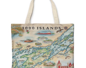 1000 Islands Map Canvas Tote with Handles, Cloth Grocery Shopping Bag, Reusable & Eco-friendly Bag, 100% Cotton, Washable, 18x15