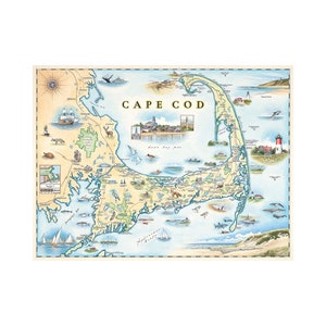 Cape Cod Handgezeichnete Karte Poster | Authentisches 24x18 - Vintage-Style | Lithografischer Druck mit sojabasierten Tinten | Made in USA | Neutrale Farben