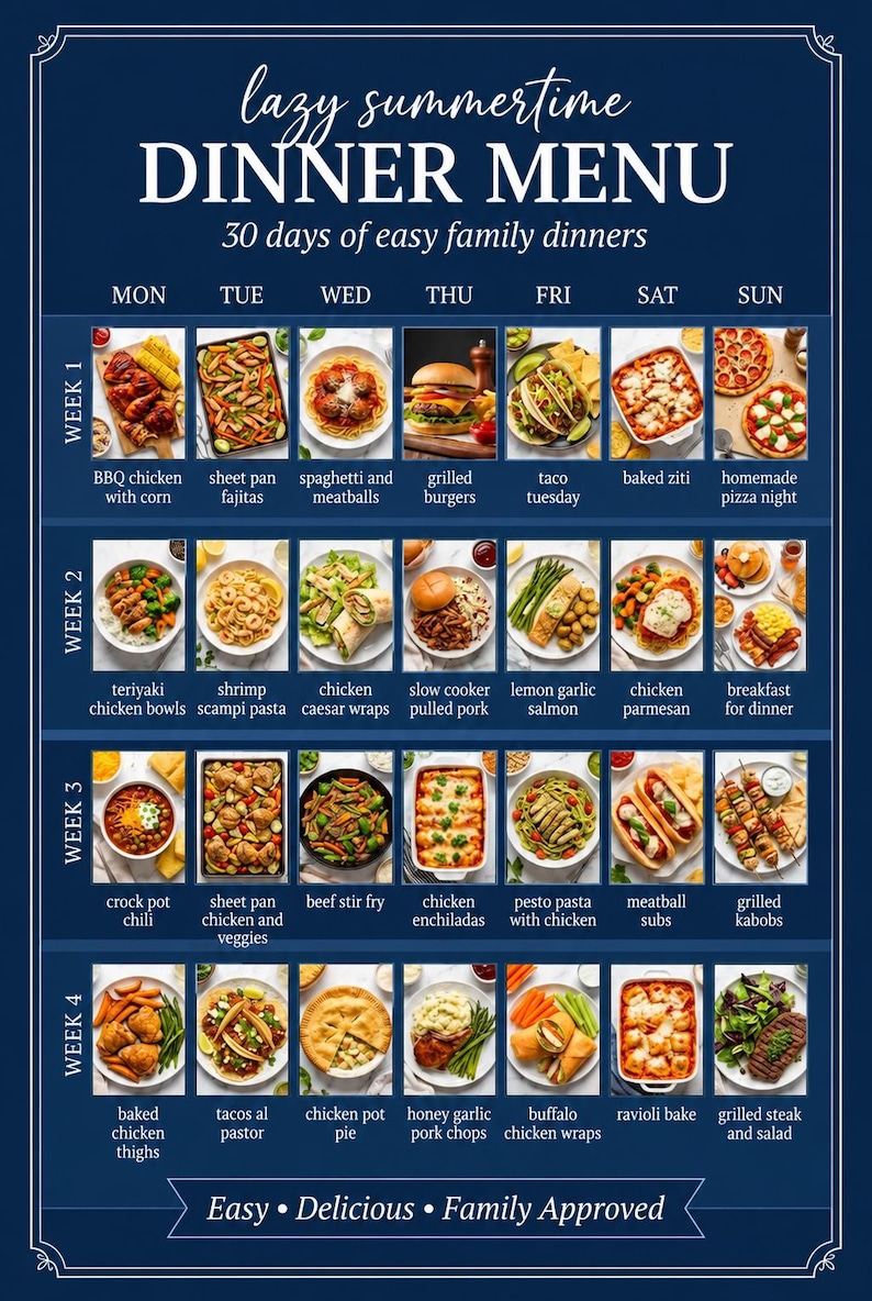 Family Meal Planner | 30 Day Dinner Menu Printable | Weekly Grocery ...
