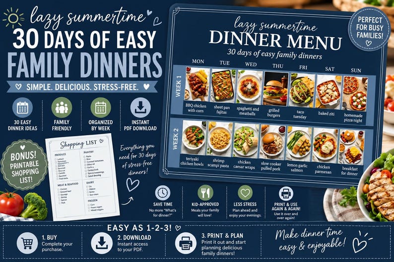 Family Meal Planner | 30 Day Dinner Menu Printable | Weekly Grocery ...