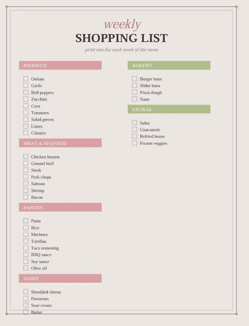 Family Meal Planner | 30 Day Dinner Menu Printable | Weekly Grocery ...