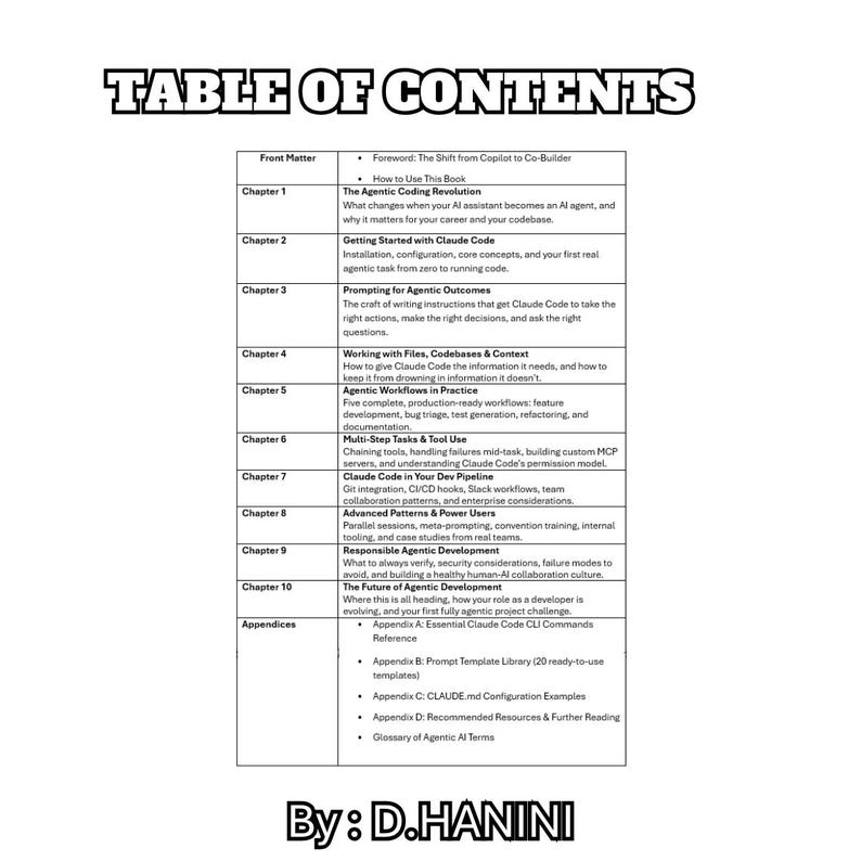 May include: A detailed table of contents for a book, with the title "TABLE OF CONTENTS" at the top. The table lists chapters and appendices, covering topics like "Agentic Coding Revolution" and "Agentic Workflows in Practice." The author's name, "By: D.HANINI," is at the bottom.