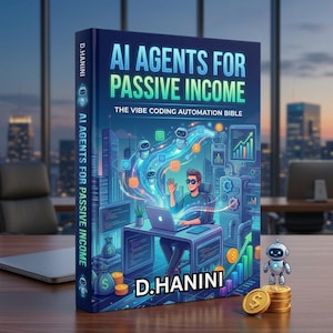 May include: A book titled "AI Agents for Passive Income" with the subtitle "The Vibe Coding Automation Bible." The cover features a futuristic illustration of a person working on a laptop, surrounded by digital elements and robots. The author's name, D. Hanini, is displayed.
